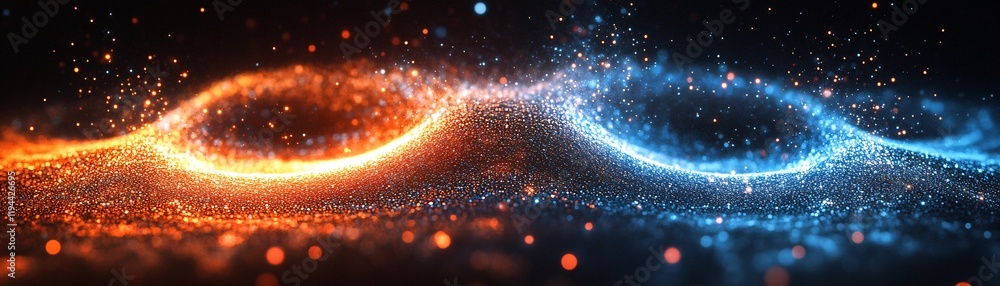 Poster a vibrant display of swirling orange and blue particles, creating a dynamic visual effect reminiscen