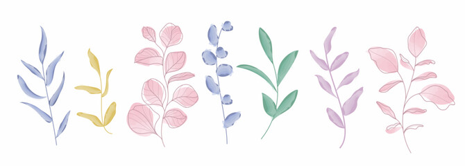 Leaves watercolor clipart set. Spring leaf drawing in colorful abstract clip art collection for greetings card elements decoration. Vector illustration spring flowers watercolor set.   © AmazeinDesign