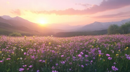 Fototapeta premium Serene sunset over a vibrant wildflower meadow in tranquil mountain landscape