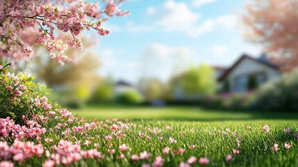 Fototapeta premium Cherry blossoms in bloom overlooking a sunlit garden landscape
