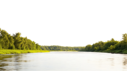 Golden Hour Sunset landscape concept. Serene river scene with lush greenery along the banks.