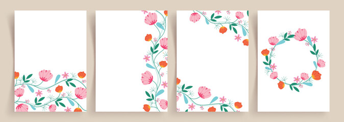 Flowers drawing border clipart poster set. Flower greetings card template clip art with watercolor, paint and abstract decoration elements. Vector illustration spring invitation card template.   © AmazeinDesign