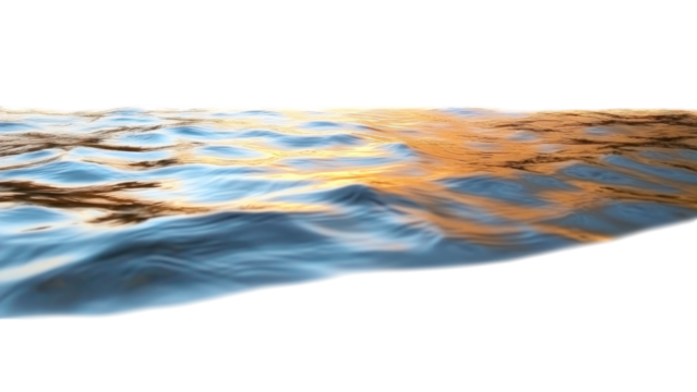 Golden Hour Sunset landscape concept. Calm water surface reflecting warm light at dusk.