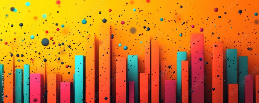 Poster colorful abstract 3d bar graph with floating spheres on yellow-orange background