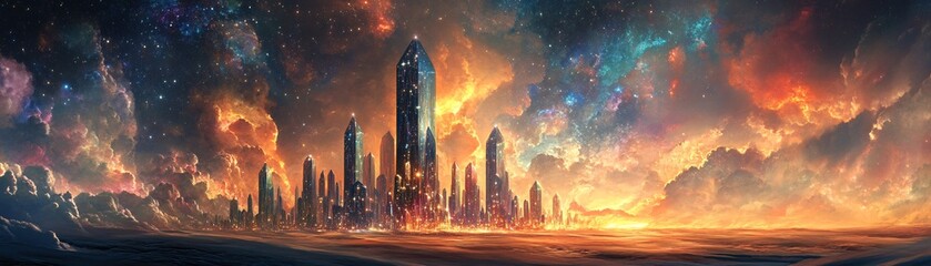 A breathtaking futuristic cityscape under a vibrant sky filled with colors, showcasing towering skyscrapers against a stunning sunset.