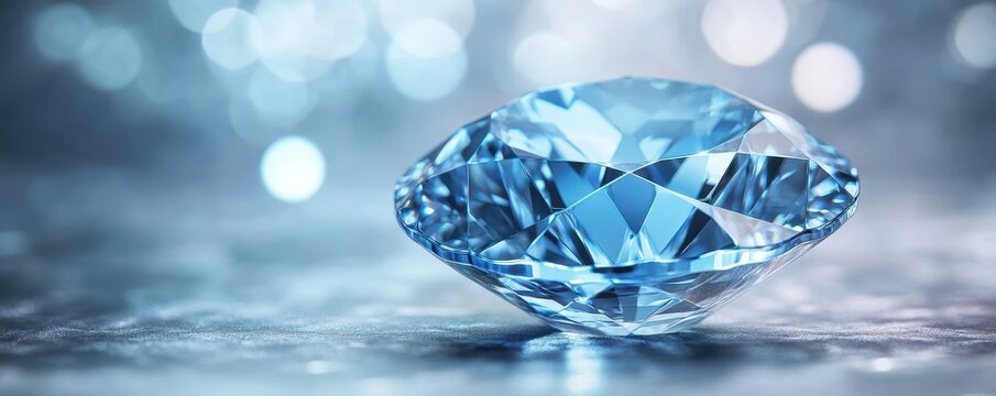 Sparkling blue gemstone on reflective surface with bokeh background