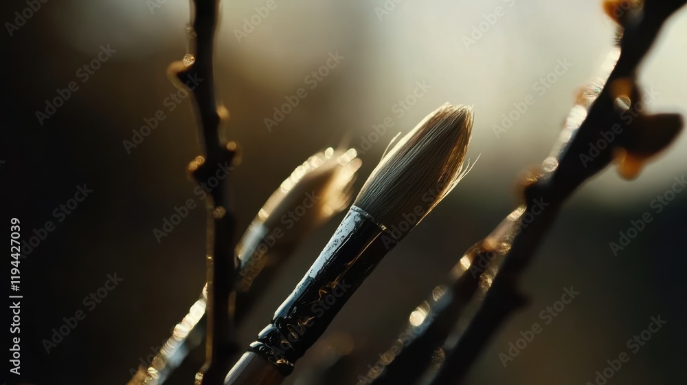 Poster close-up view of paintbrushes positioned among branches with soft focus background highlighting arti
