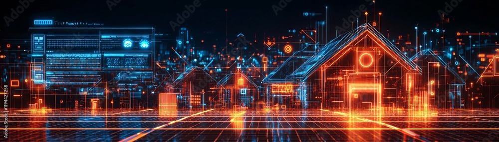 Poster a futuristic cityscape with glowing structures, blending technology and architecture, illuminated by