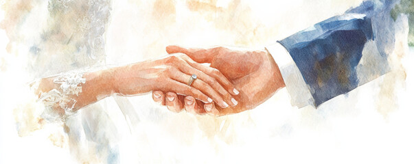 bride and groom hands clasped together, showcasing wedding ring, symbolizing love and commitment. soft watercolor effect adds romantic touch to this intimate moment