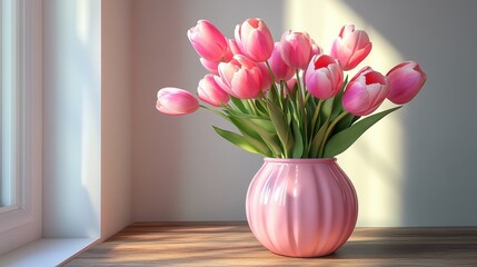 Fototapeta premium Vibrant pink tulips in a vase by sunlit window