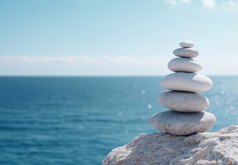 Fototapeta premium A stack of white rocks on a rock by the ocean