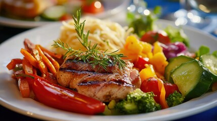 A beautifully plated gluten-free meal, featuring a mix of proteins and vegetables, emphasizing dietary restrictions and healthy alternatives