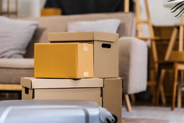 Cardboard boxes and suitcases are placed together, ready to move into a new home, conveying the readiness and excitement of moving out without having to be involved