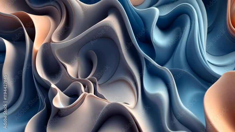 Poster flowing abstract fabric waves transition from warm to cool tones in dynamic motion