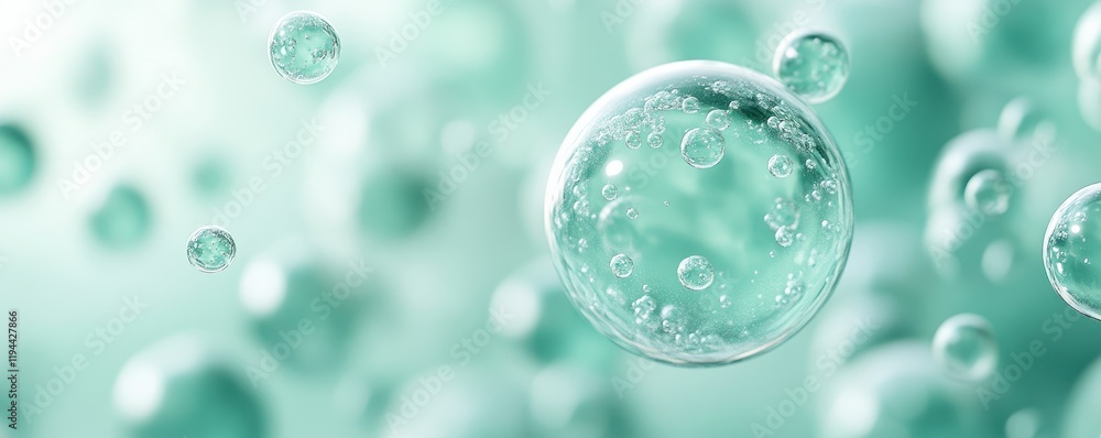 Poster abstract turquoise bubbles in liquid with soft focus and depth