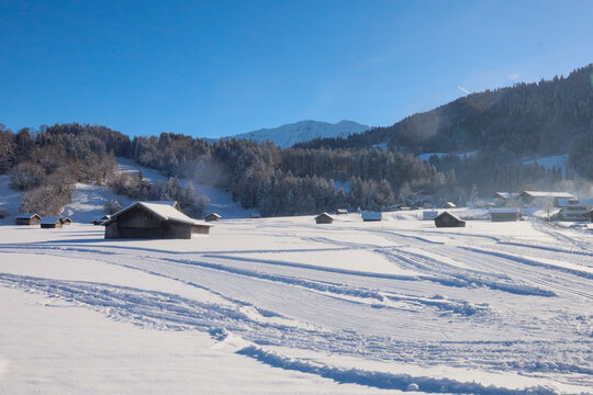 Mountain foothill village in winter serenity