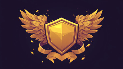 Game damaged gold badges with level number. Achievement rank emblems, golden broken hexagon label of game level with ribbon and wings, vector cartoon set isolated on background