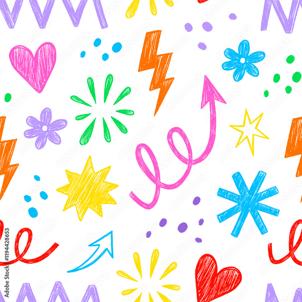 Aufkleber kid shape color seamless pattern background. crayon scribble fun children color hand drawn pencil br
