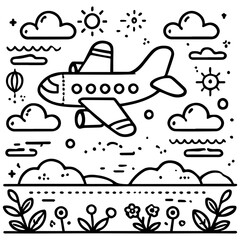line art simple airplane coloring page for kid vector illustration