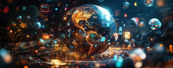 Digital earth with glowing network connections and data cubes in a futuristic space