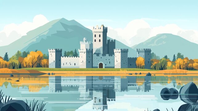 Majestic Autumn Castle Reflected on Serene Lake in Mountainous Landscape