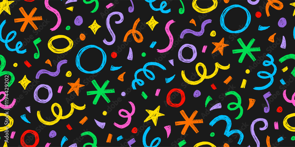 Poster Kid seamless pattern child fun shape squiggle confetti background. Hand drawn color crayon background fun child squiggle shape. Crayon color confetti abstract seamless pattern vector illustration