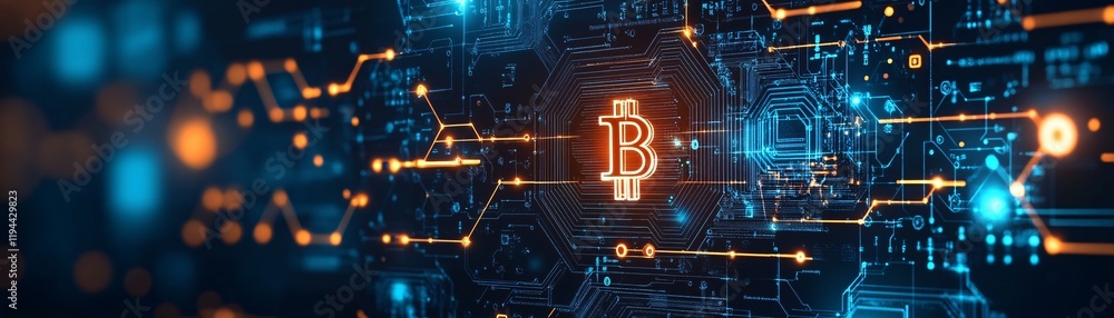 Aufkleber a digital representation of bitcoin, surrounded by a network of glowing circuits, symbolizing blockc