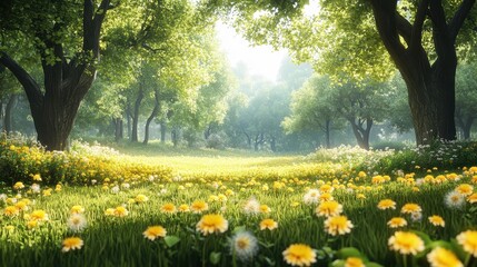 Obraz premium Sunlit meadow with yellow flowers and lush green trees