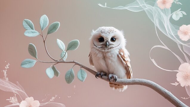 Charming artistic portrait of a tiny owl perched gracefully on a delicate branch amidst soft pastel colors and subtle floral accents