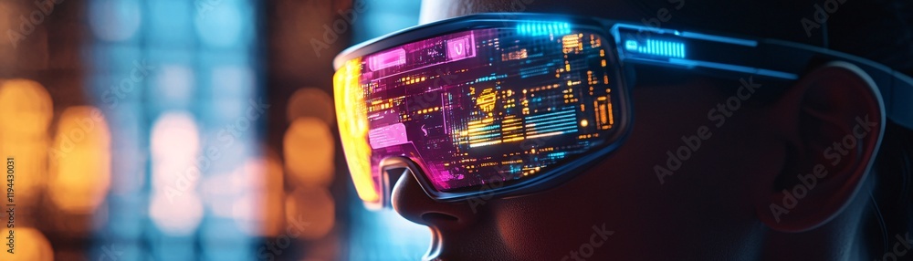 Poster a futuristic close-up of a person wearing high-tech glasses displaying a vibrant digital interface, 