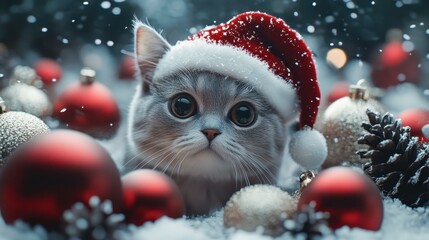 Adorable kitten in santa hat surrounded by festive christmas ornaments in snow