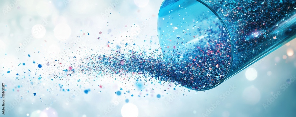 Poster cascading glittering particles from a glass container on a sparkling blue background