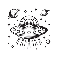 Alien flying spaceship outline vector, ufo vector, Design element, Alien spaceship t shirt Design