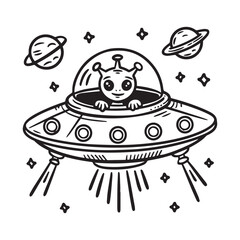 Fototapeta premium Alien flying spaceship outline vector, ufo vector, Design element, Alien spaceship t shirt Design