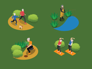 active senior activities: jogging, fishing, gardening, and yoga in the park 3d isometric vector illustration