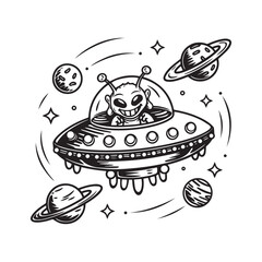 Alien flying spaceship outline vector, ufo vector, Design element, Alien spaceship t shirt Design