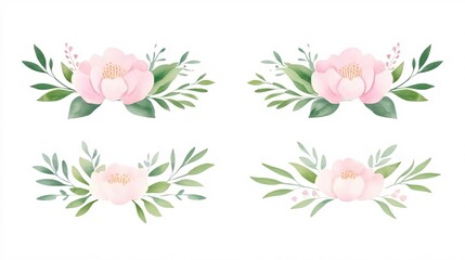 Elegant Watercolor Pink Blossom Floral Arrangements Green Leaves Botanical Design
