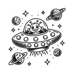 Alien flying spaceship outline vector, ufo vector, Design element, Alien spaceship t shirt Design