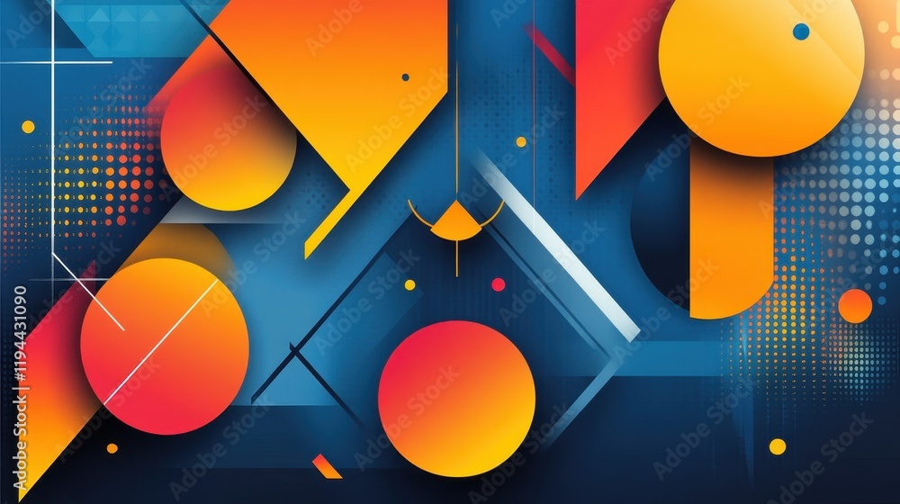 Poster vibrant geometric abstract design with circles, triangles, and gradient patterns