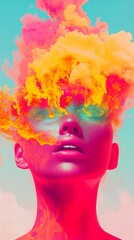 Surreal Woman in Vibrant Clouds: A Dreamlike Digital Painting