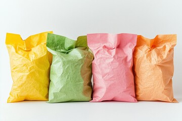 Potato chip bags in bright colors, neatly displayed on white.