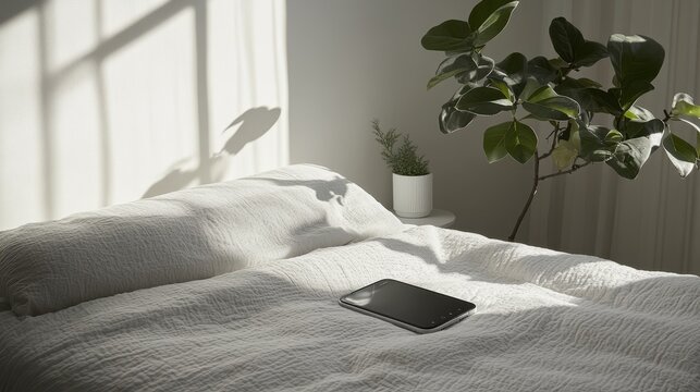Serene Bedroom Setting: Sunlight Dapples White Bedding, Tablet Resting on Crisp Cotton Sheets, Beside a Potted Plant