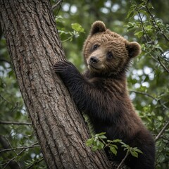 Obraz premium Focus on a playful bear cub climbing a tree.