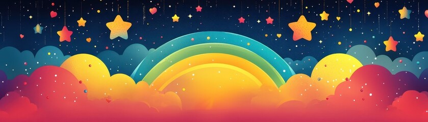 Fototapeta premium Vibrant flat rainbow surrounded by festive accents against a starry night sky backdrop with
