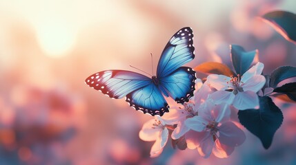 Vibrant blue butterfly resting on blossoming flowers at sunset