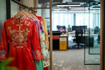 Fototapeta premium On Traditional Chinese Dress Day, employees come to work dressed in colorful silk qipaos and embr, Generative AI