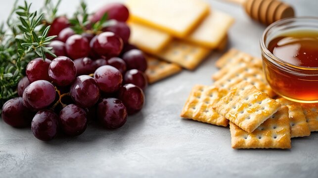 A vibrant arrangement of grapes, cheese, and crackers with honey on a textured surface