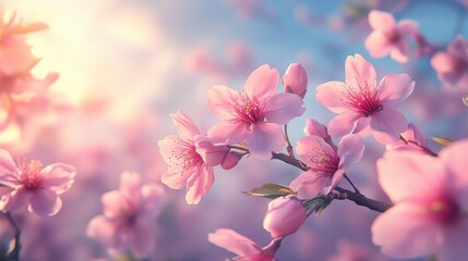 Obraz premium Blossoming pink cherry blossoms in sunlight