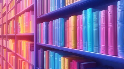 Obraz premium Colorful bookshelves with neon glow in modern library setting