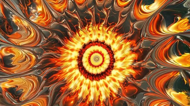 A digitally enhanced abstract depiction of ammonite fossils in a swirling fractal pattern with warm earthy tones and intricate textures.